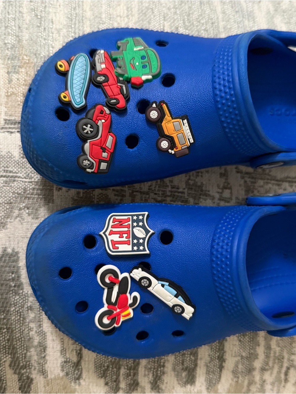 CROCS Kids Blue Clog Shoes with Vehicle and NFL Charms